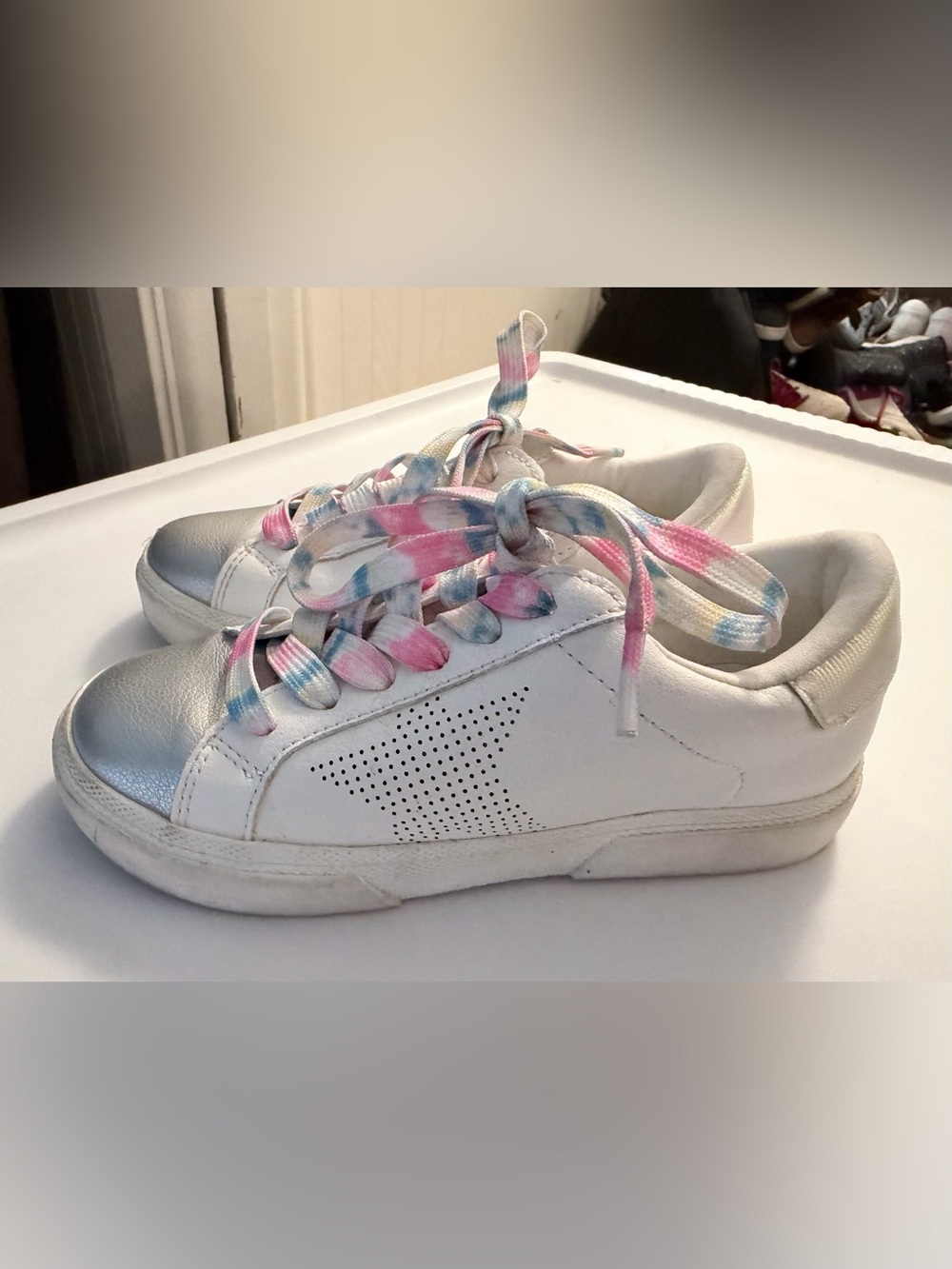 Kids White Sneakers with Pink & Blue Tie-Dye Laces